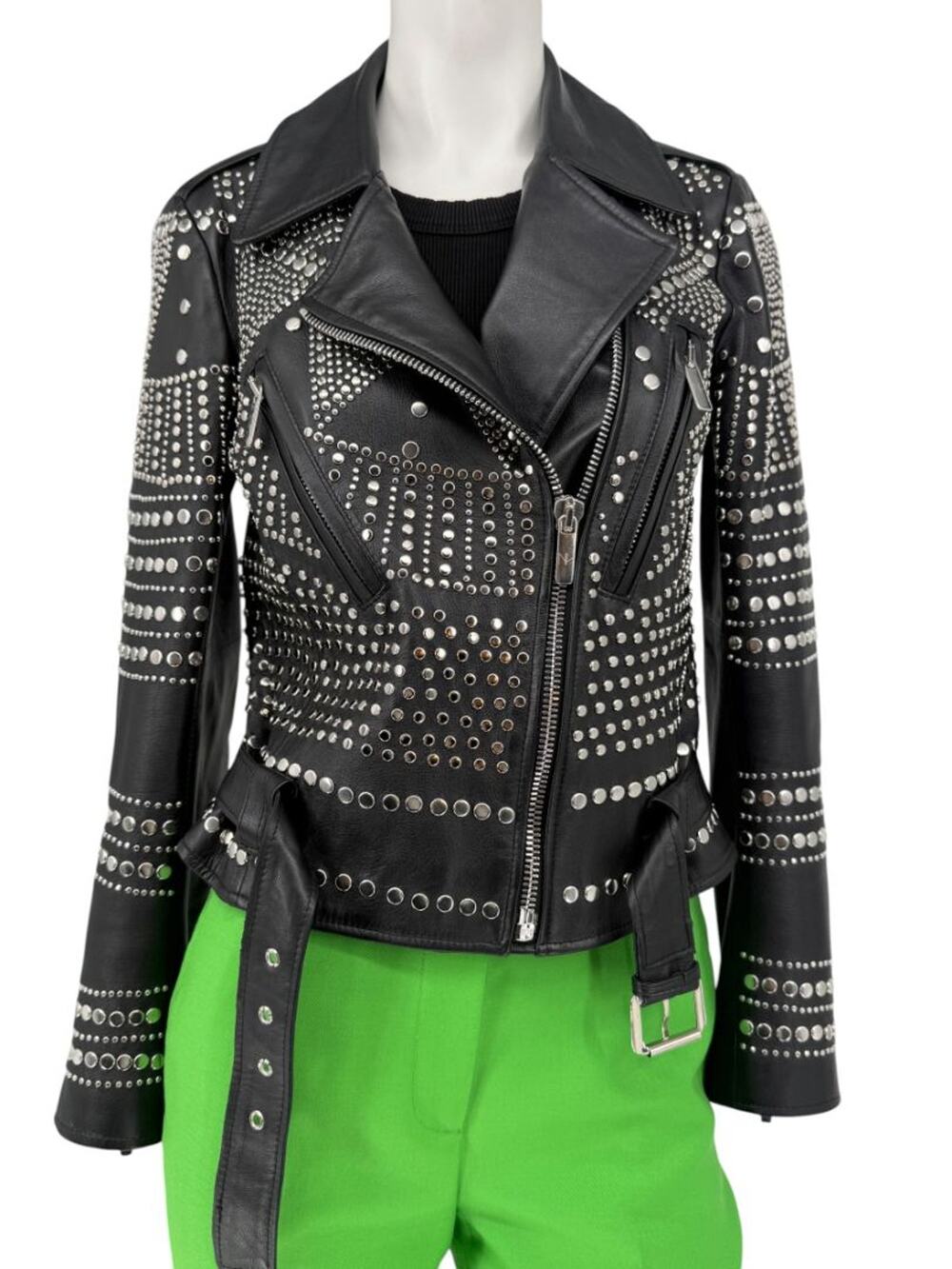 Nour Hammour Studded Lambskin Leather Biker Jacket - Size FR 36